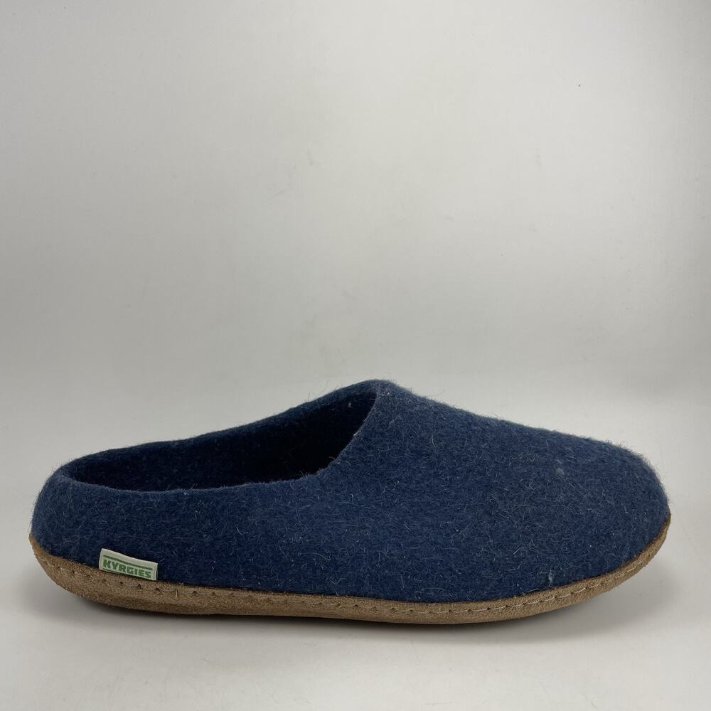 Kyrgies Wool Slippers Mens EU 46, US 12-12.5 Blue Felt Slip On Leather Sole